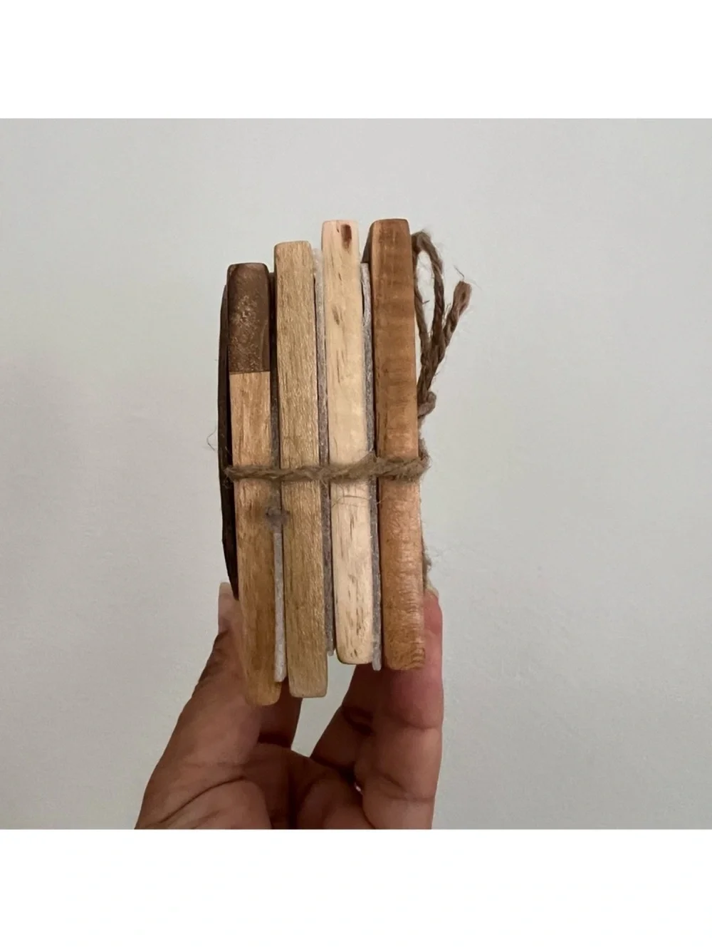 Marble and Wooden Drink Coasters Four Piece Set with Jute Tie - White and Brown